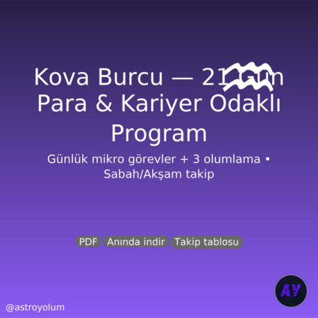 Kova Burcu 21 Gün Para & Kariyer Programı (PDF) | Günlük Görev + 3 Olumlama | Anında İndir