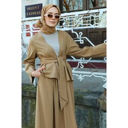 KAHVE / NATUREL KETEN KİMONO ETEKLİ TAKIM