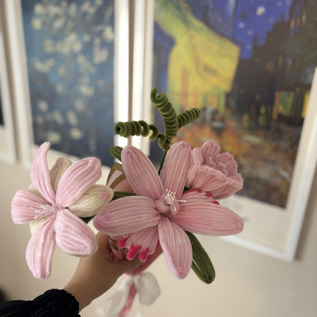      Pink Şönil Flower Bouquet | Üçlü El Yapımı Buket