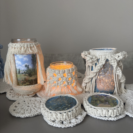 El Yapımı Makrome & Decoupage Mumluk Seti (5 Parça) 