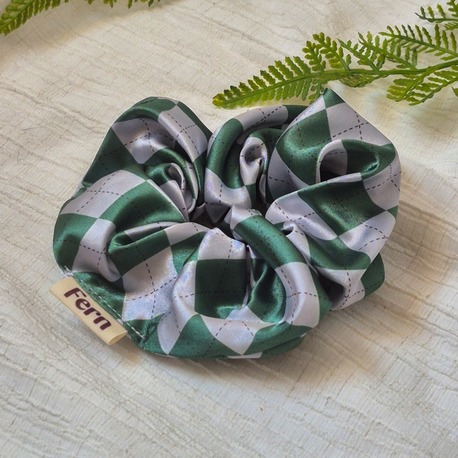 Scrunchie/Lastikli Toka Yeşil-Gri Baklava Desenli Large