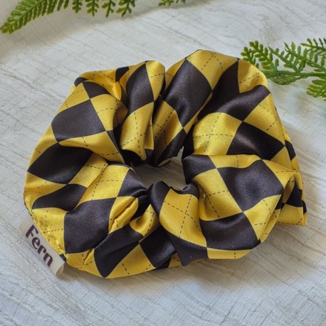 Scrunchie/Lastikli Toka Sarı-Siyah Baklava Desenli Large