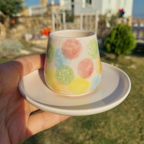 Rengarenk Benekli Kulpsuz Türk Kahvesi Fincan ve Tabağı - 100 ml