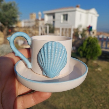 Mavi Pekten Figürlü Türk Kahvesi Fincanı ve Tabağı - 80 ml