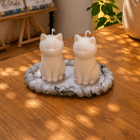 Kedi Figürlü Dekoratif Mum & Taş Tozu Tepsi Seti