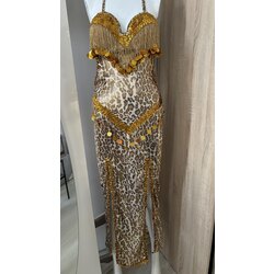 Leopar desenli yanlardan yırtmaçlı uzun kostüm