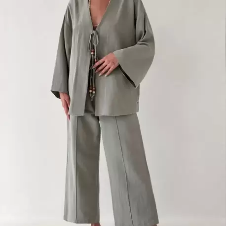 keten kimono takım-haki