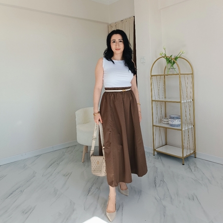 Beli lastikli uzun etek kahve 