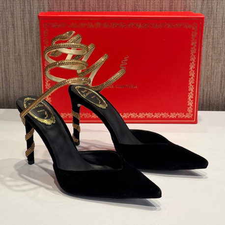 Rene Caovilla Velvet Slingback Pumps Siyah Topuklu Sandalet (İthal)