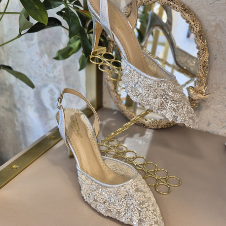 Işıltılı Taş Detaylı Gümüş Stiletto – Hakiki Deri İç Astar