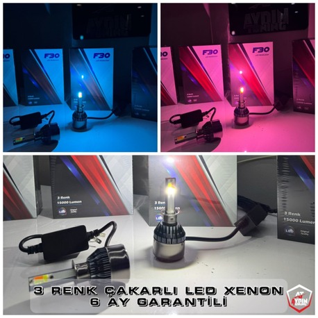 H4 ÇAKARLI 3 RENK LED XENON / PEMBE + BEYAZ + BUZ MAVİ 15.000 LÜMEN