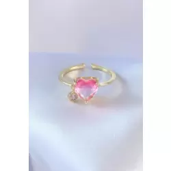 Gold Renk Pembe Zirkon Taş Kalp Model Pirinç Kadın Yüzük