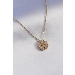 316L Çelik Gold Renk Açılır Zirkon Taşlı Yonca Model Kadın Kolye Clariss