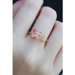 Gold Renk Pembe Zirkon Taş Kalp Yıldız Detay Pirinç Kadın Yüzük