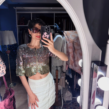 Forever New Embellished Sequin Cropped Jacket – Iridescent Art Deco
