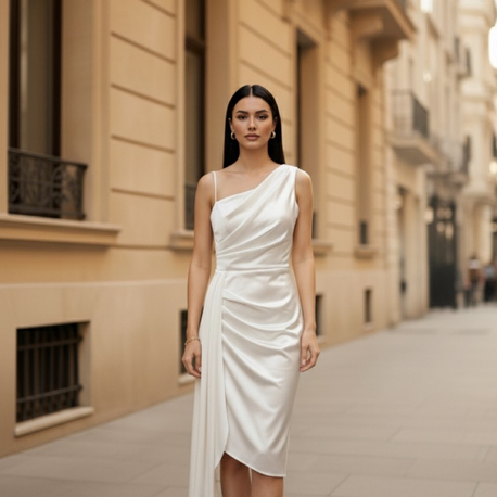Drape Detaylı Beyaz Elbise