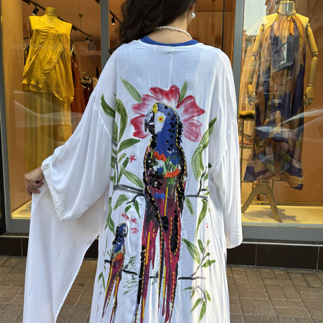 Renkli Papağan Detaylı Viskon Kimono