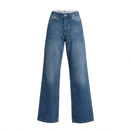 Beli Dantel Detaylı Taşlı Wide Leg Jean