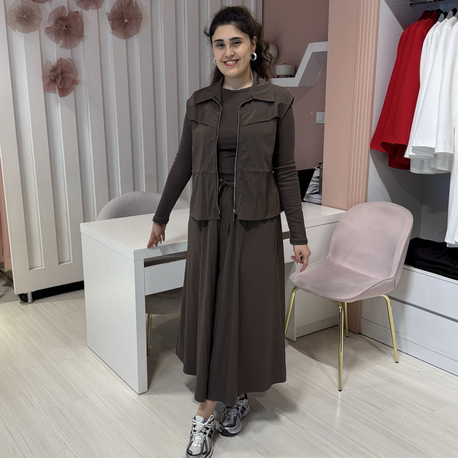 Kahve 3 Parçalı Etekli Takım
