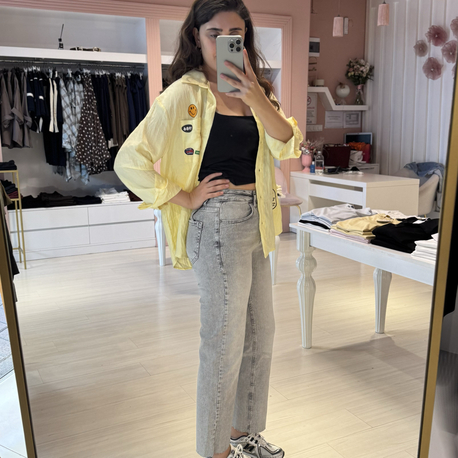 Gri Kesik Paça Boy Fit Jean