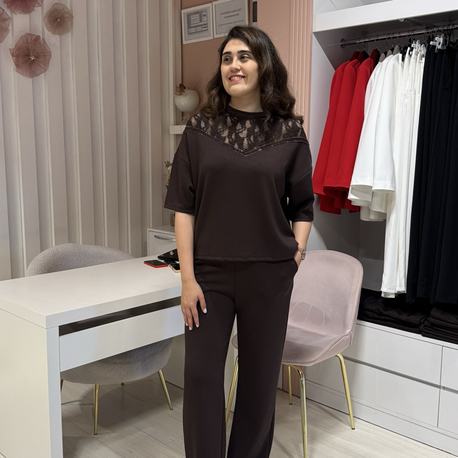 Yakası Dantel Detaylı Kahve Modal Takım