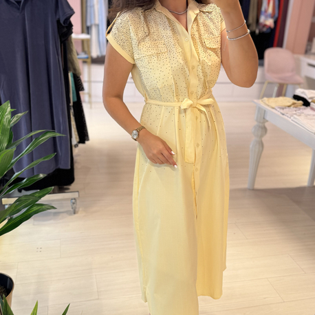 Sarı Taş Detaylı Poplin Elbise