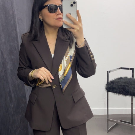 İkili Kahve Blazer  Palazzo Takım – Gold Düğme Detaylı