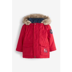 kırmızı suni kürk kapüşonlu parka mont 