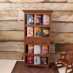 minyatür kahverengi kitaplık ve 12 adet kitap 