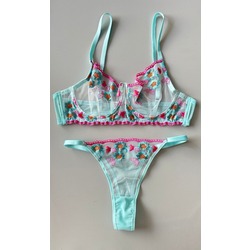 BAHAZE COLLECTION ÇİÇEKLİ TURKUAZ BRODE TAKIM - BHZFK-00102