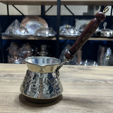 Kabartma Nakışlı Nikelli Bakır Cezve No:2