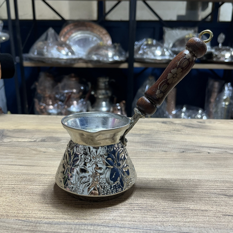 Kabartma Nakışlı Nikelli Bakır Cezve No:1