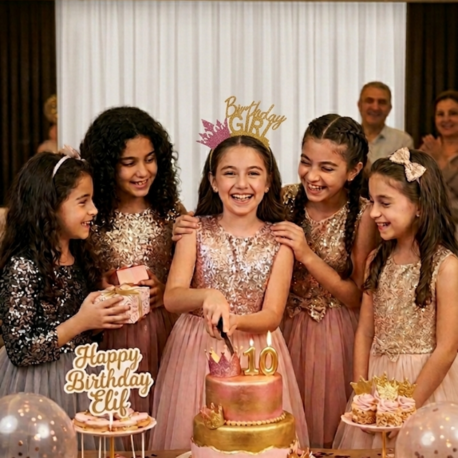 Birthday girl tasarımlı pembe simli altın taçlı model