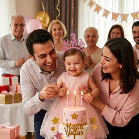 3 yaş tasarımlı pembe simli taç