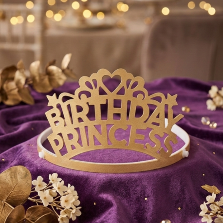 Birthday princess yatay model simli altın taç