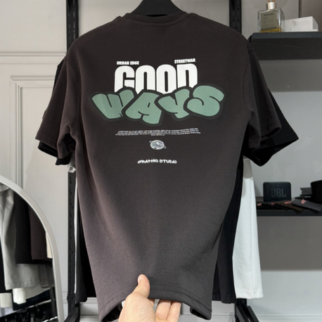 Kahverengi GOOD WAYS Yarı Oversize Baskılı Erkek Tişört