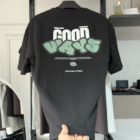 Siyah GOOD WAYS Yarı Oversize Baskılı Erkek Tişört