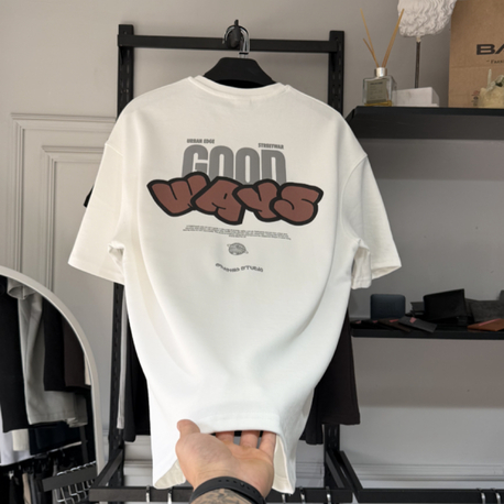Beyaz GOOD WAYS Yarı Oversize Baskılı Erkek Tişört
