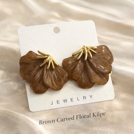 Brown Carved Floral Küpe