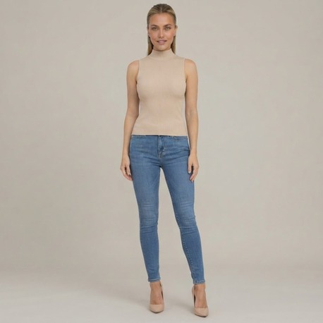 Premium Fit Dik Yaka Modal Kumaş Kolsuz Bej Body