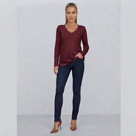 Premium Relax Fit V Yaka Uzun Kollu Tişört Bordo
