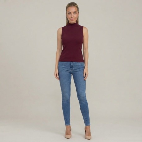 Premium Fit Dik Yaka Modal Kumaş Kolsuz Bordo Body