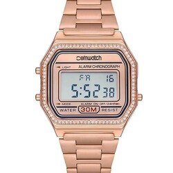 Çelik Kordon Rose Gold Renk Taş Süslemeli Alarmlı Işıklı Kadın Dijital Kol Saati