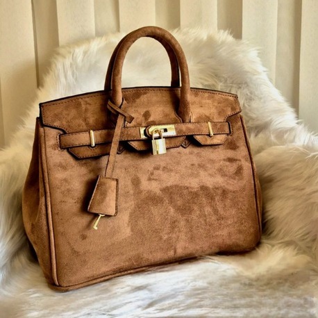 L02- Hermes Birkin Süet Kaplamalı Lüks Satchel- Taba Rengi