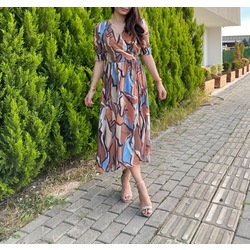 Kahve Mavi Şifon Astarlı Elbise