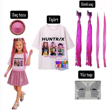 kpop huntrix baskılı tişört + mira pembe simli saç + saç tozu + yüz taşı seti