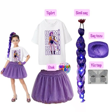 kpop rumi baskılı tişört + mor balon etek + rumi mor simli saç +saç tozu + yüz taşı seti