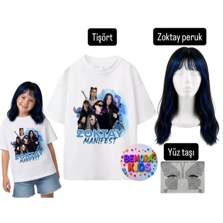 manifest zoktay tişört + peruk + yüz taşı 3 lü set 