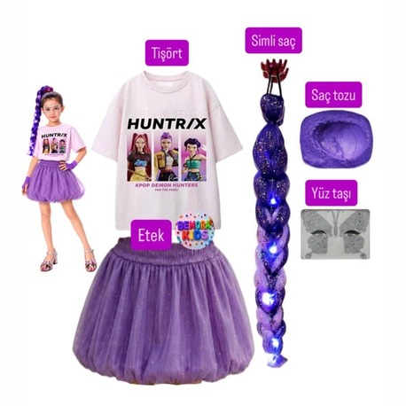 kpop huntrix baskılı tişört + mor balon etek + rumi mor simli saç +saç tozu + yüz taşı seti