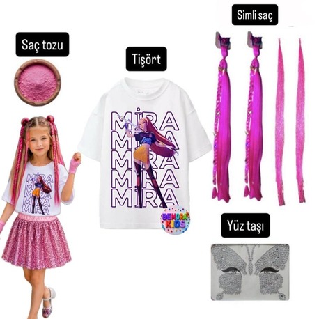 kpop huntrix mira baskılı tişört + mira pembe simli saç + saç tozu + yüz taşı seti